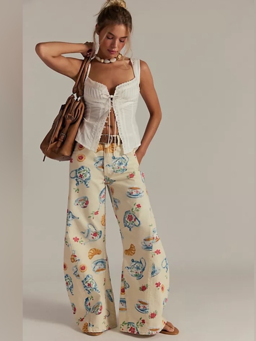 Wide Leg Printed Tea Party Jeans - Cream